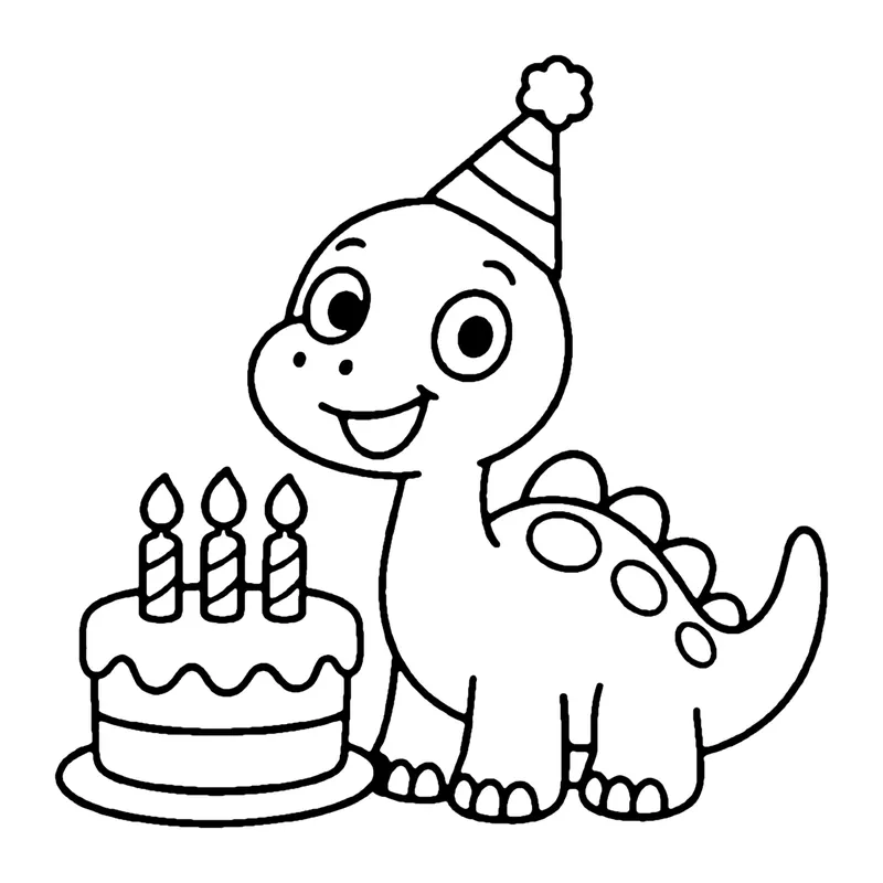 Line drawing of a dinosaur in a party hat beside a layered birthday cake with three candles