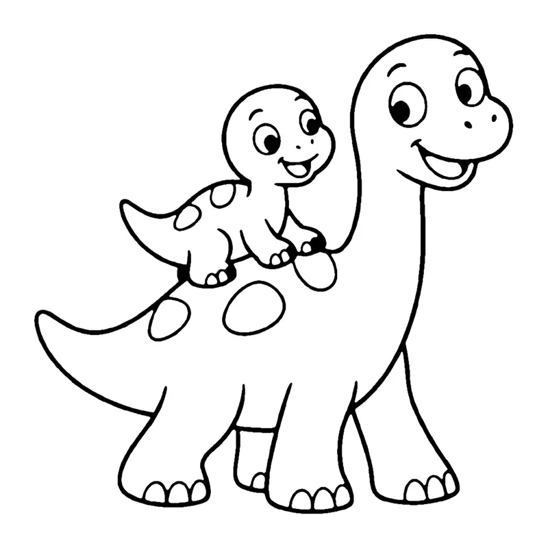 Line drawing of a big long-necked dinosaur giving a small spotted baby dinosaur a ride on its back