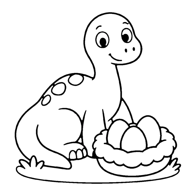 Line drawing of a spotted long-necked dinosaur lying beside a round nest holding three eggs