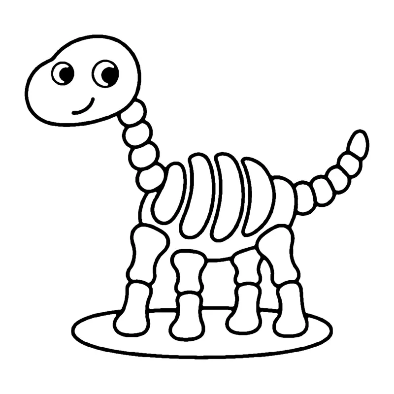 Line drawing of a cartoon dinosaur skeleton with ribs, spine bones and a smiling skull on a stand