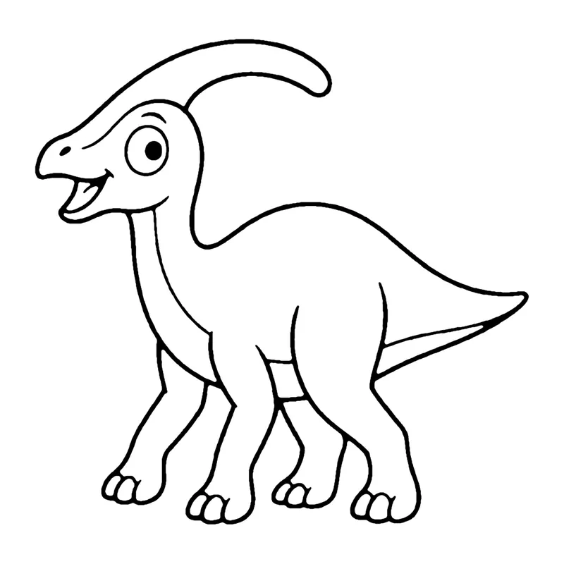 Line drawing of a parasaurolophus with a long curved crest on its head, walking on two legs
