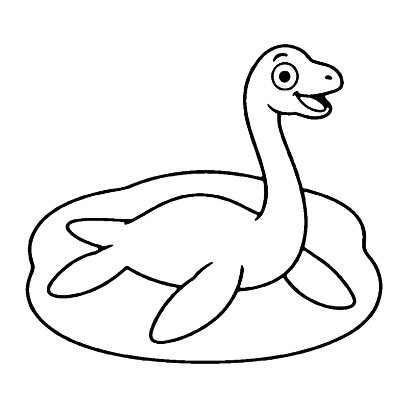 Line drawing of a smiling long-necked plesiosaur swimming in an oval pool of water