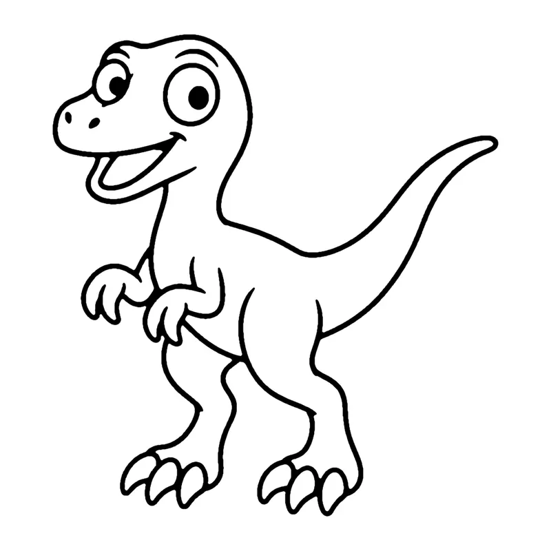 Line drawing of a slim smiling raptor dinosaur running on two legs with a long straight tail