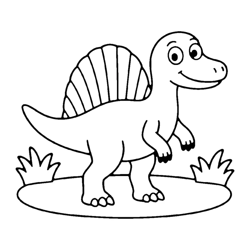 Line drawing of a smiling spinosaurus with a tall striped sail on its back standing on a grassy patch