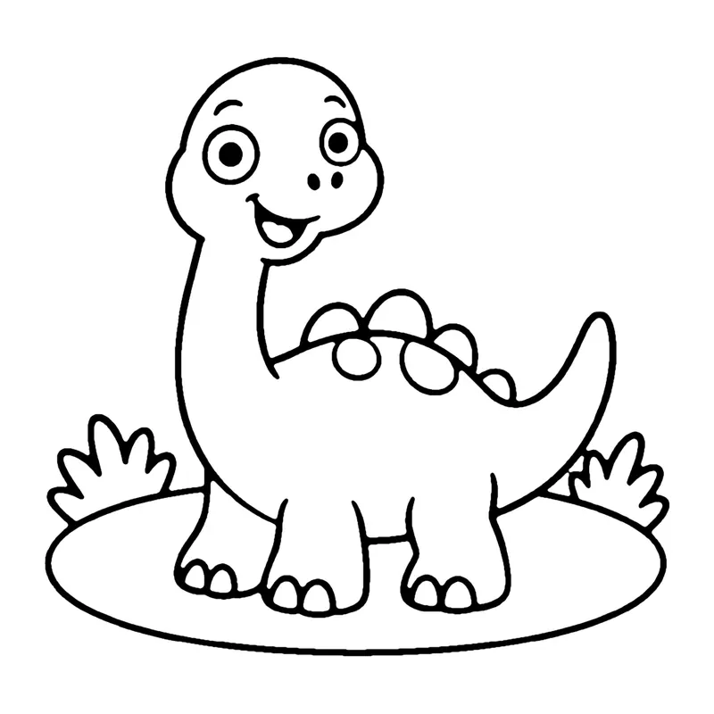 Line drawing of a happy long-necked dinosaur with spots on its back standing in a round pond with grass