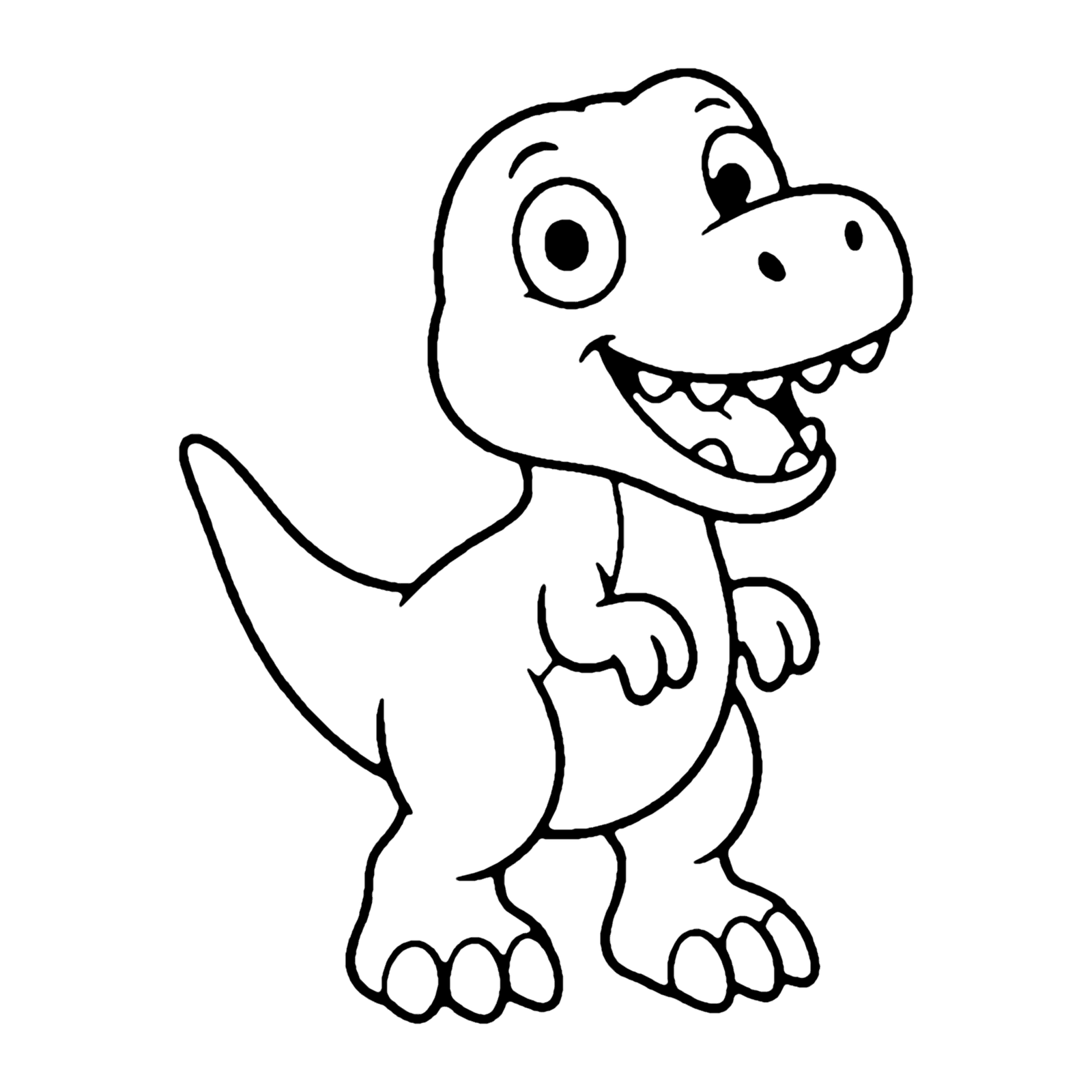Line drawing of a grinning cartoon T-Rex standing on strong back legs with tiny arms and a long tail