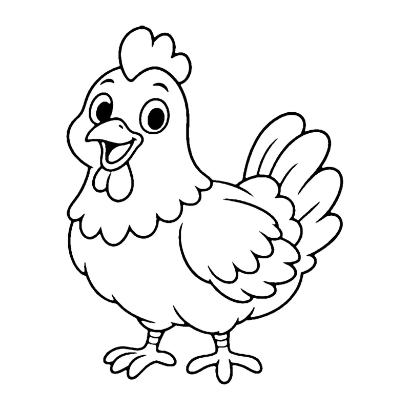 Line drawing of a hen with layered feathers, a comb on her head and three-toed feet