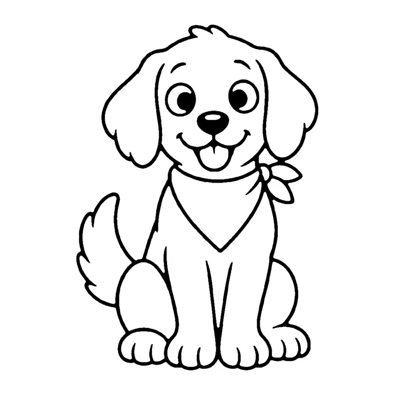 Line drawing of a sitting puppy with floppy ears and a bandana around its neck