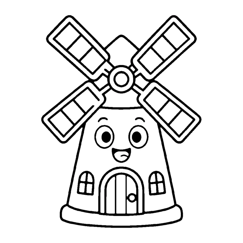 Line drawing of a smiling windmill with four lattice sails, small windows and an arched door