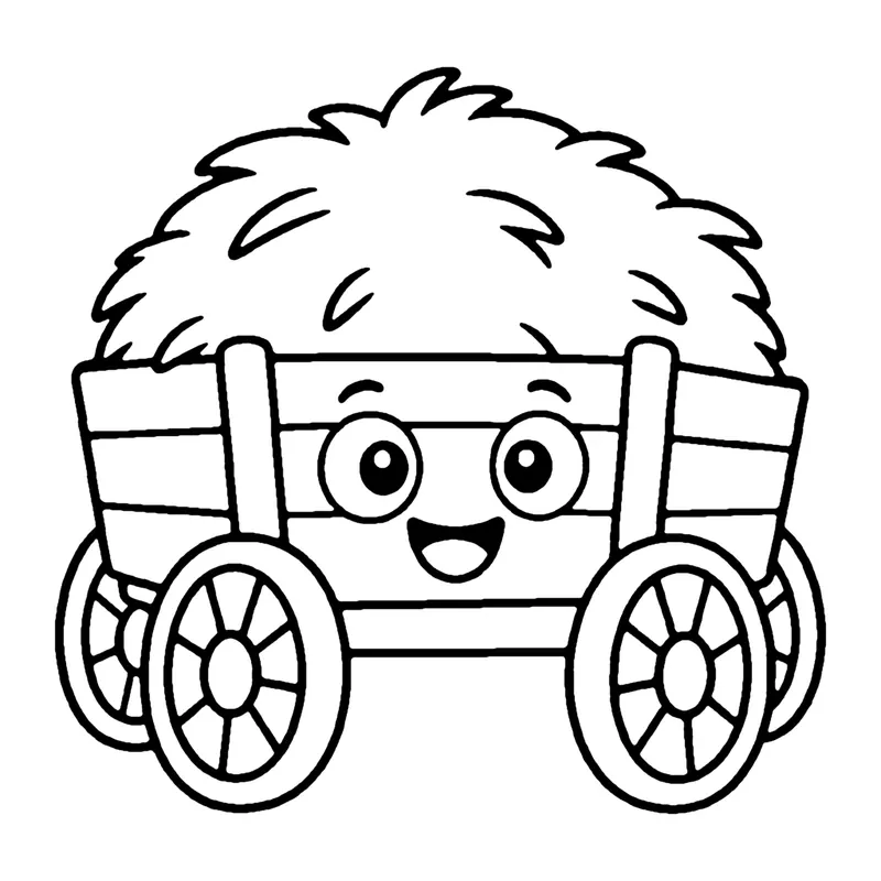 Line drawing of a smiling wooden wagon piled high with hay, rolling on two spoked wheels