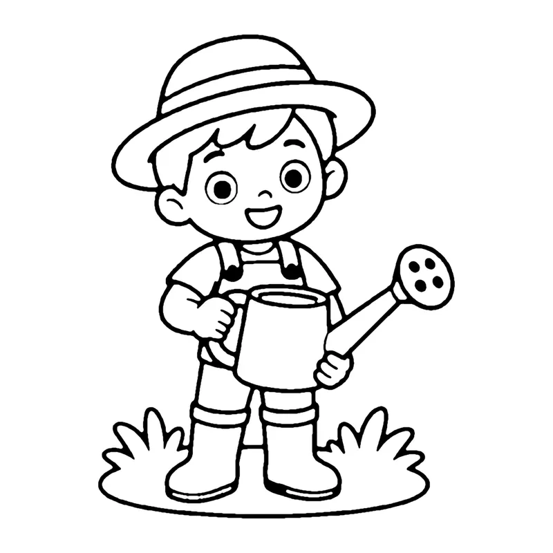 Line drawing of a young farmer in a straw hat, overalls and boots holding a watering can