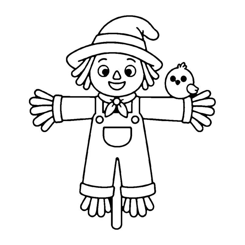 Line drawing of a scarecrow in a floppy hat and overalls with a small bird sitting on one arm