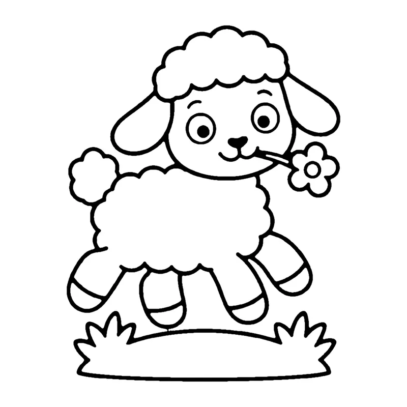 Line drawing of a woolly lamb leaping over grass with a flower in its mouth