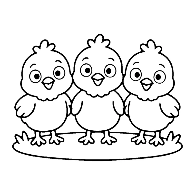 Line drawing of three fluffy baby chicks standing side by side on a strip of grass
