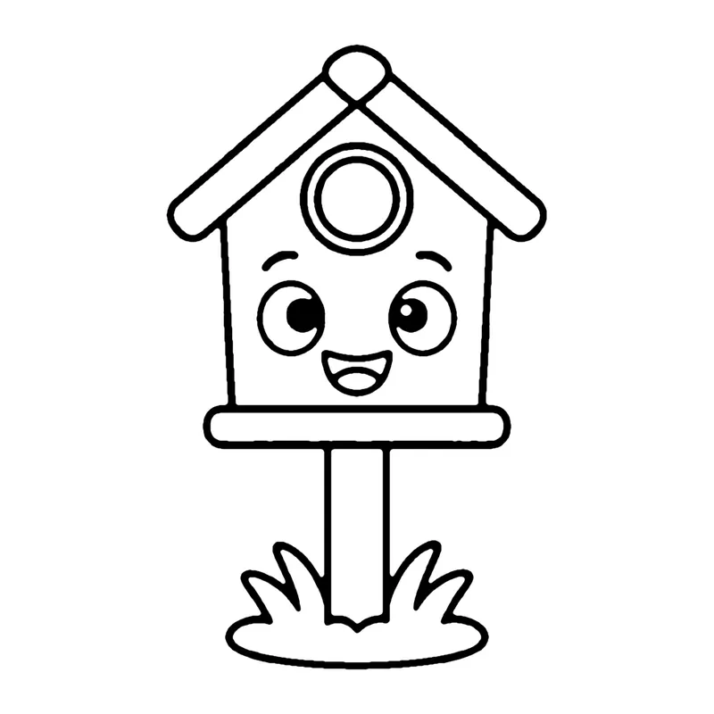 Line drawing of a smiling wooden birdhouse with a round door and a pointed roof on a post