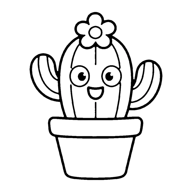 Line drawing of a smiling cactus with two arms and a flower on top growing in a clay pot