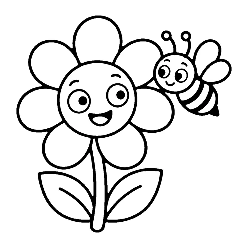 Line drawing of a smiling daisy with round petals and a little bee flying beside it