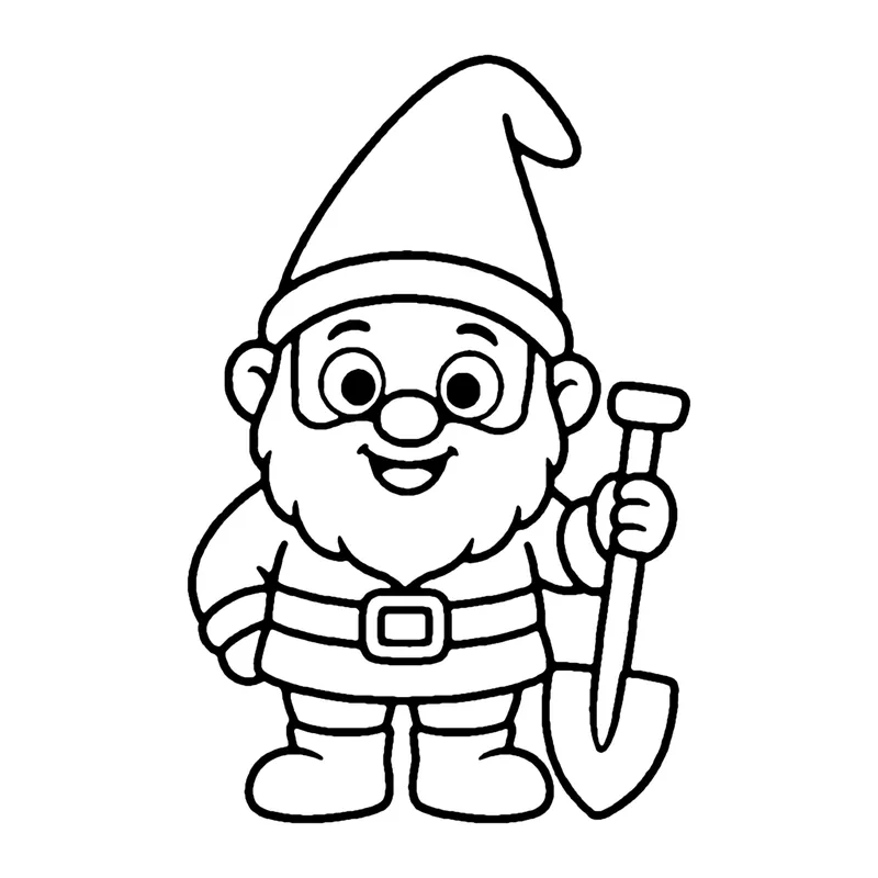 Line drawing of a smiling garden gnome with a pointy hat and beard holding a shovel