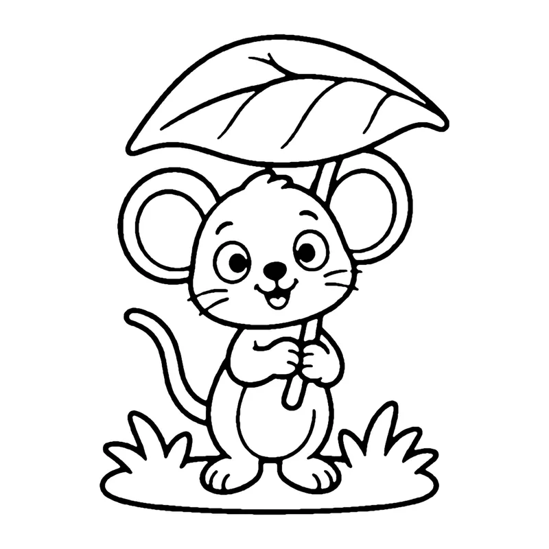 Line drawing of a little mouse standing in the grass holding a big leaf as an umbrella