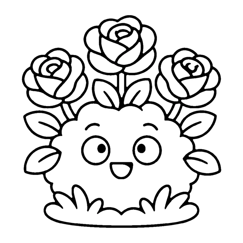 Line drawing of a smiling round rose bush with three blooming roses on top