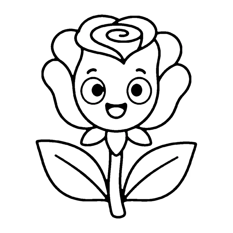 Line drawing of a smiling rose with a swirled bud on a stem with two big leaves