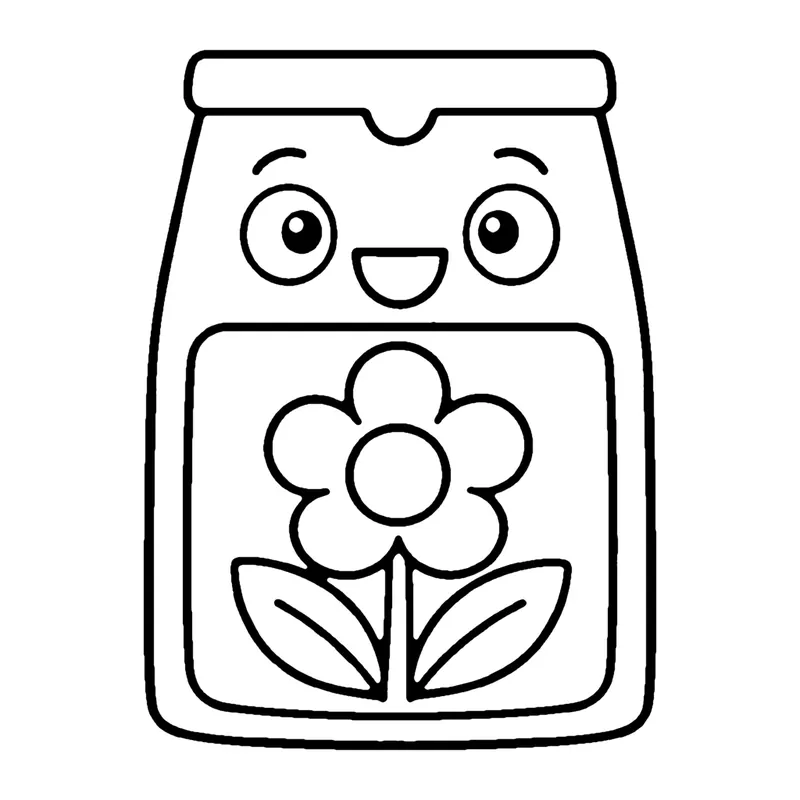 Line drawing of a smiling seed packet with a picture of a flower on the front