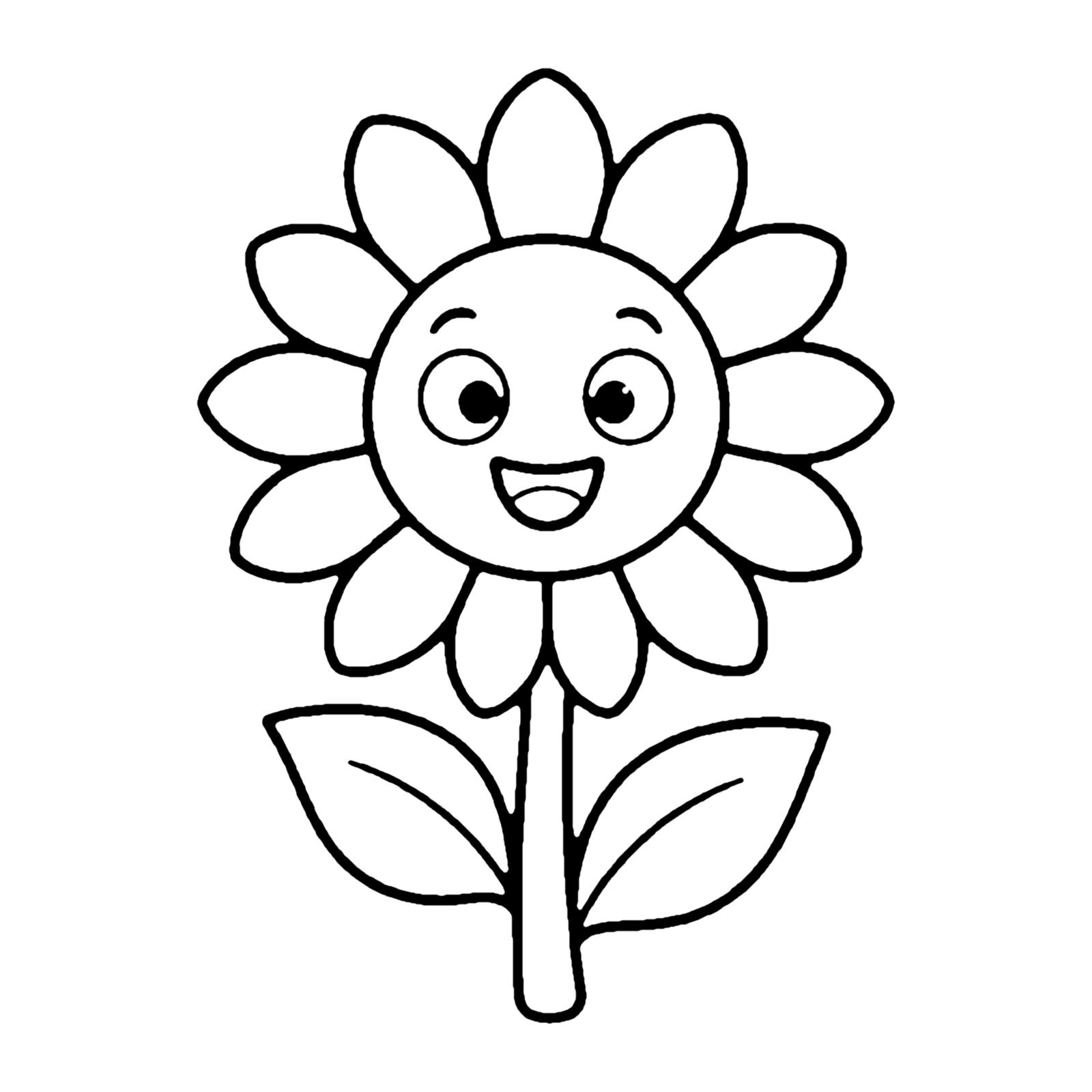 Line drawing of a smiling sunflower with a ring of pointed petals, a tall stem and two leaves