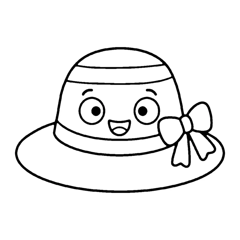 Line drawing of a smiling straw sun hat with a wide brim and a bow on the band