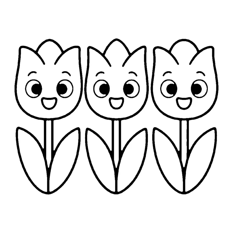 Line drawing of three smiling tulips side by side, each on a stem with two long leaves