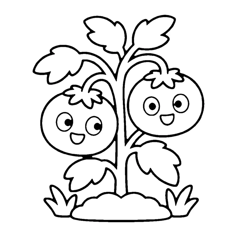 Line drawing of a tomato plant with two smiling round tomatoes and jagged leaves