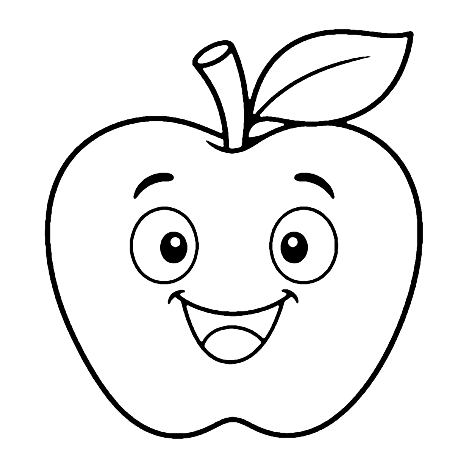 Line drawing of a round apple with a big smiling face, a short stem and one leaf