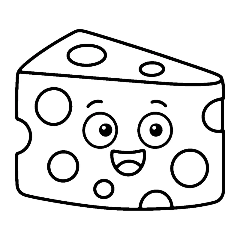 Line drawing of a smiling wedge of cheese with round holes on its sides