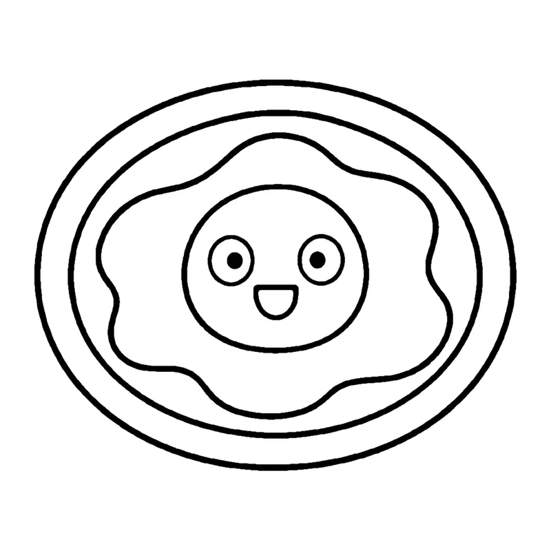 Line drawing of a smiling fried egg yolk in the middle of a wavy egg white on an oval plate