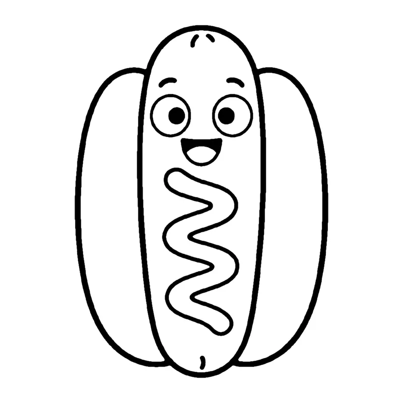 Line drawing of a smiling hot dog in a bun with a zigzag line of mustard down the middle