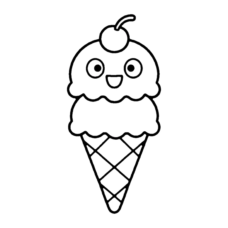 Line drawing of a smiling scoop of ice cream with a cherry on top sitting in a crisscross waffle cone
