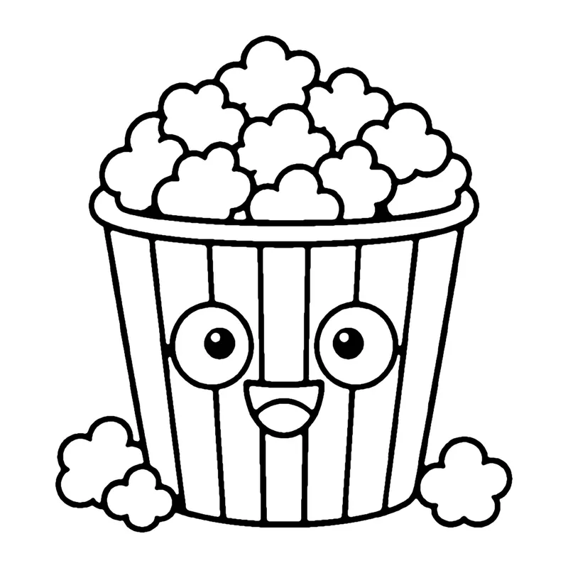 Line drawing of a striped box overflowing with fluffy popcorn, with a smiling face on the box