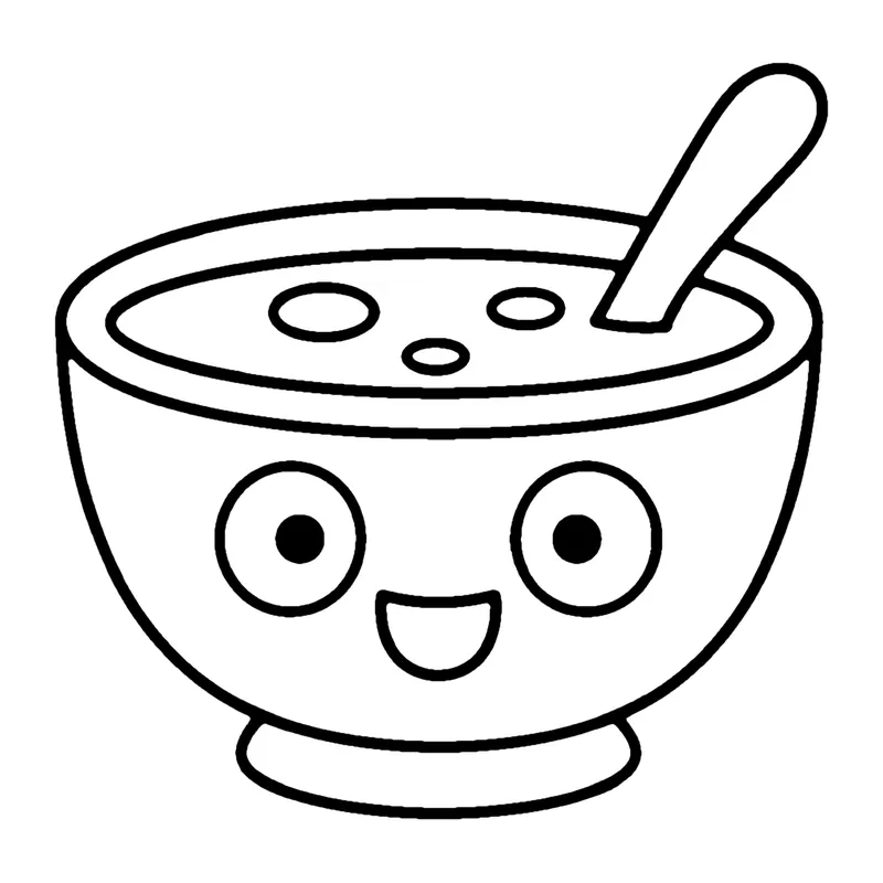 Line drawing of a smiling bowl of soup with a spoon and small vegetable pieces floating on top