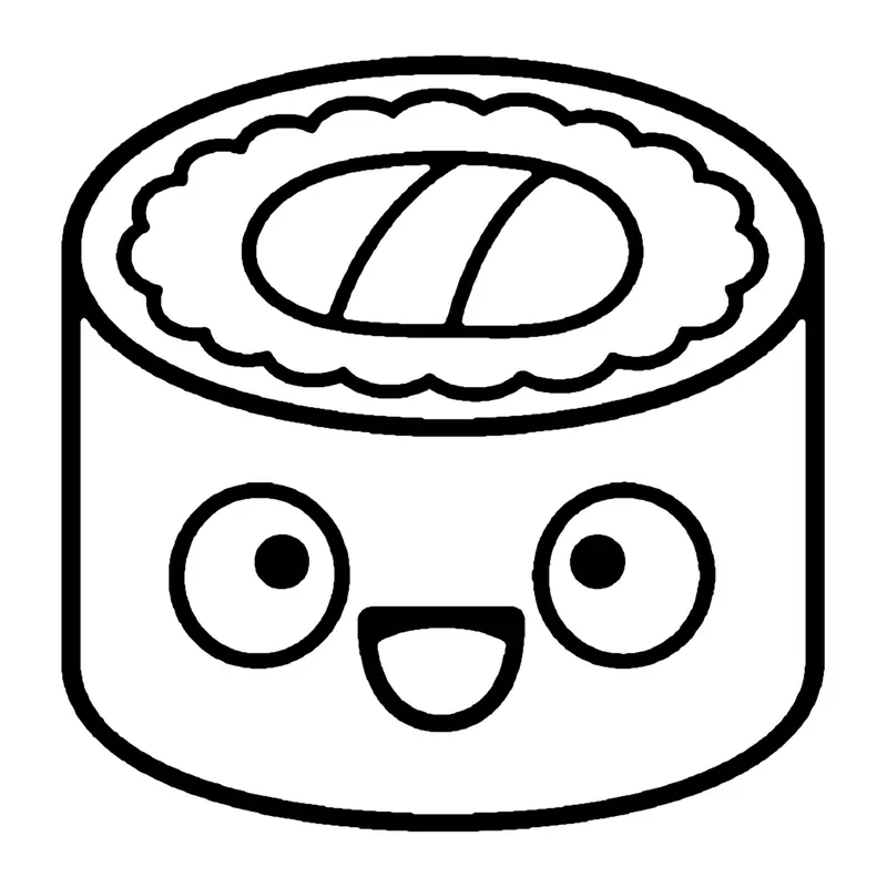 Line drawing of a smiling sushi roll with a seaweed wrap, rice ring and a fish slice on top