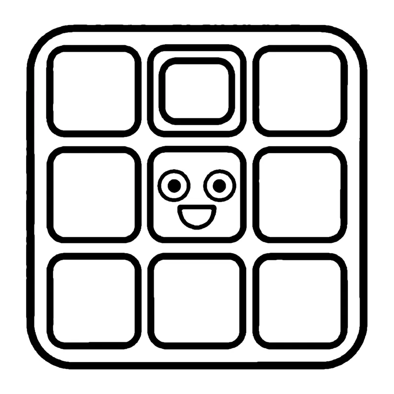 Line drawing of a square waffle with a grid of pockets and a small smiling face in the center