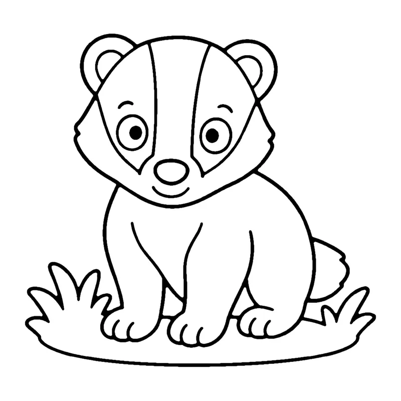 Line drawing of a badger with a striped face sitting on a grassy patch