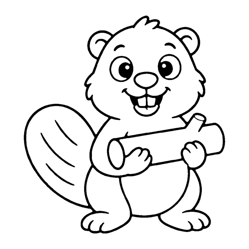 Line drawing of a smiling beaver with big front teeth carrying a log, with a flat tail behind it