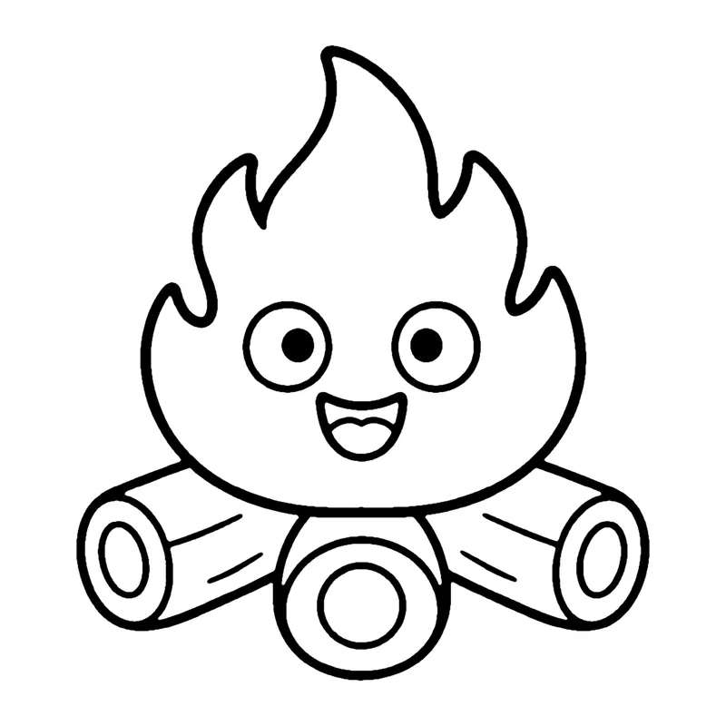 Line drawing of a smiling campfire flame burning on top of crossed logs