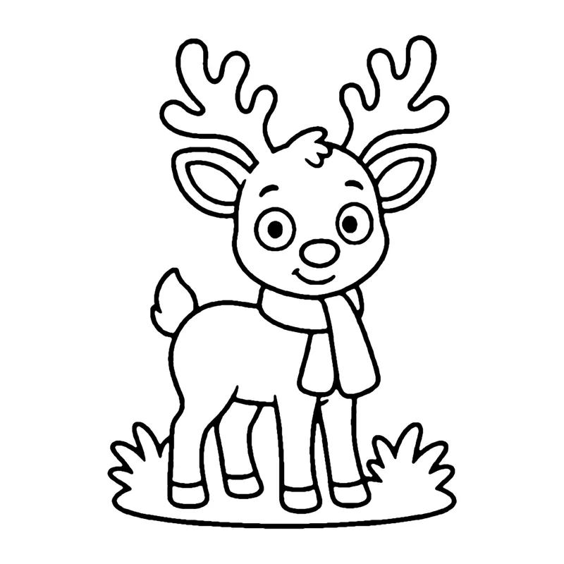 Line drawing of a young deer with branching antlers wearing a scarf, standing on grass