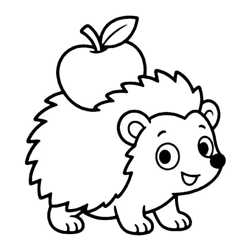 Line drawing of a smiling hedgehog with spiky fur carrying a red apple with a leaf on its back
