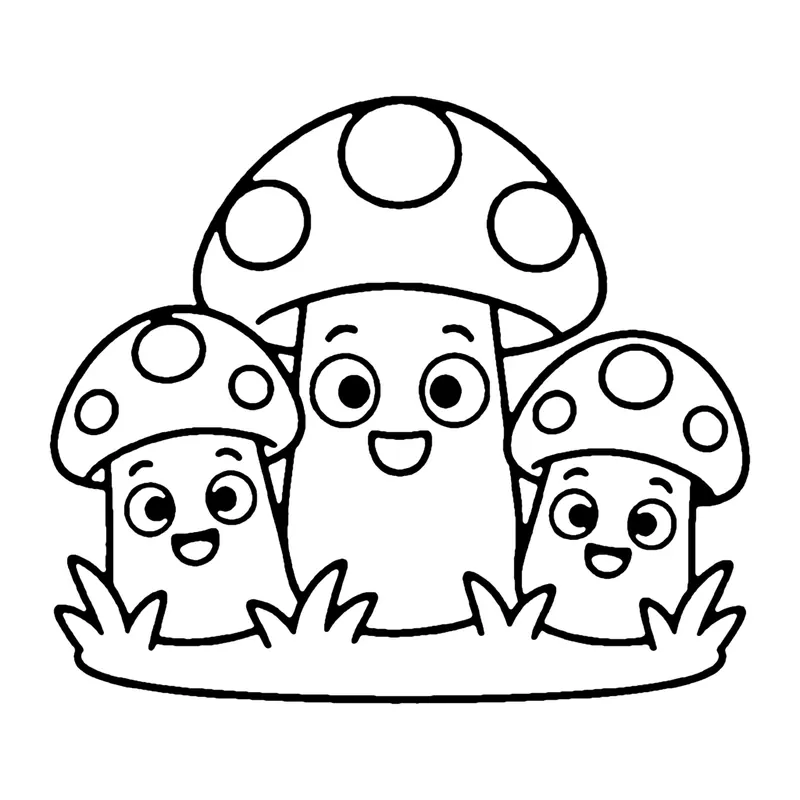 Line drawing of three smiling spotted mushrooms of different sizes standing together in grass