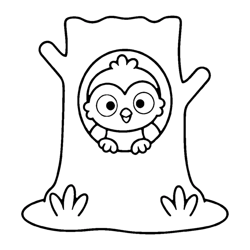 Line drawing of a baby owl peeking out of a round hole in a tree stump with grass around it