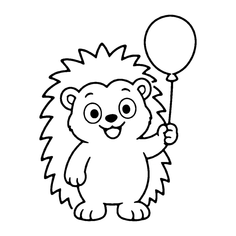 Line drawing of a smiling spiky porcupine standing up and holding a round balloon on a string