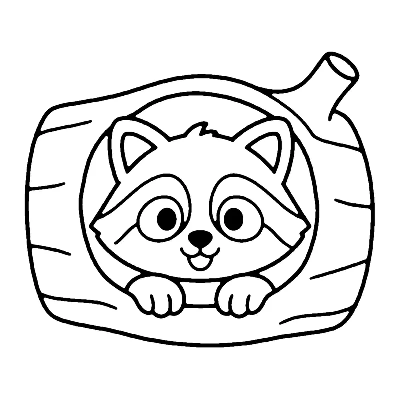 Line drawing of a raccoon with a striped mask face peeking out of a hollow log
