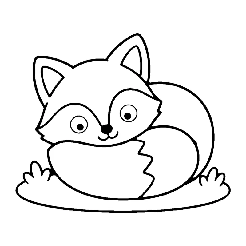 Line drawing of a fox curled up asleep with its big bushy tail wrapped around its body
