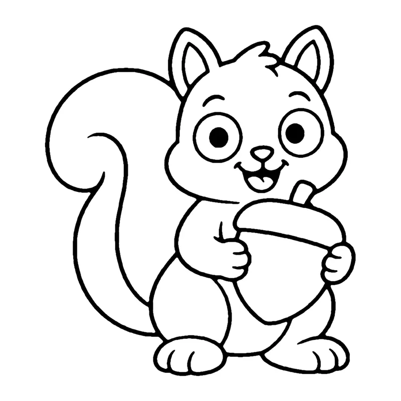 Line drawing of a squirrel with a big curled tail holding an acorn in its front paws